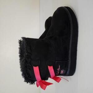 Disney Minnie Mouse Girls Kids Black Fur Boots with Red Bow Size 2